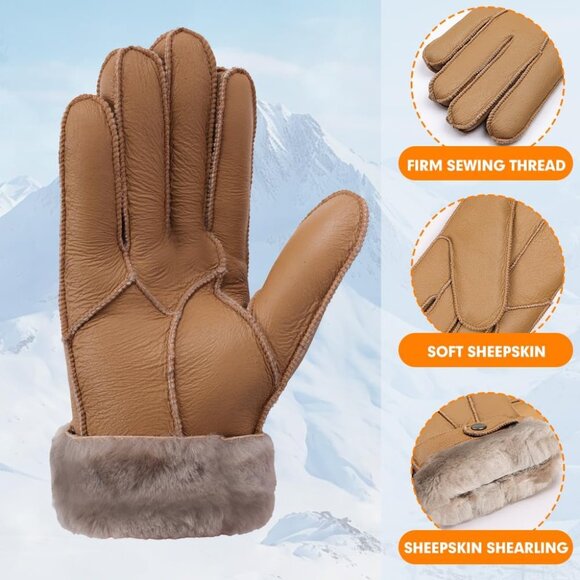 Men's Camel Winter Cold Air Shearling Sheepskin Leather Gloves With Fur Lined - Picture 4 of 7